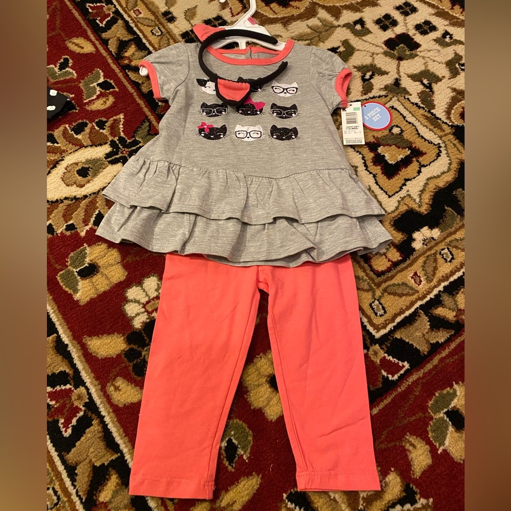 NWT 12m Gray and Coral Cat Print Outfit